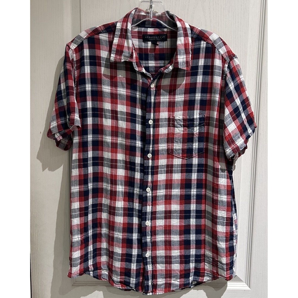 Aeropostale Mens M Red Blue Plaid Short Sleeve Button Down Shirt preppy GOOD